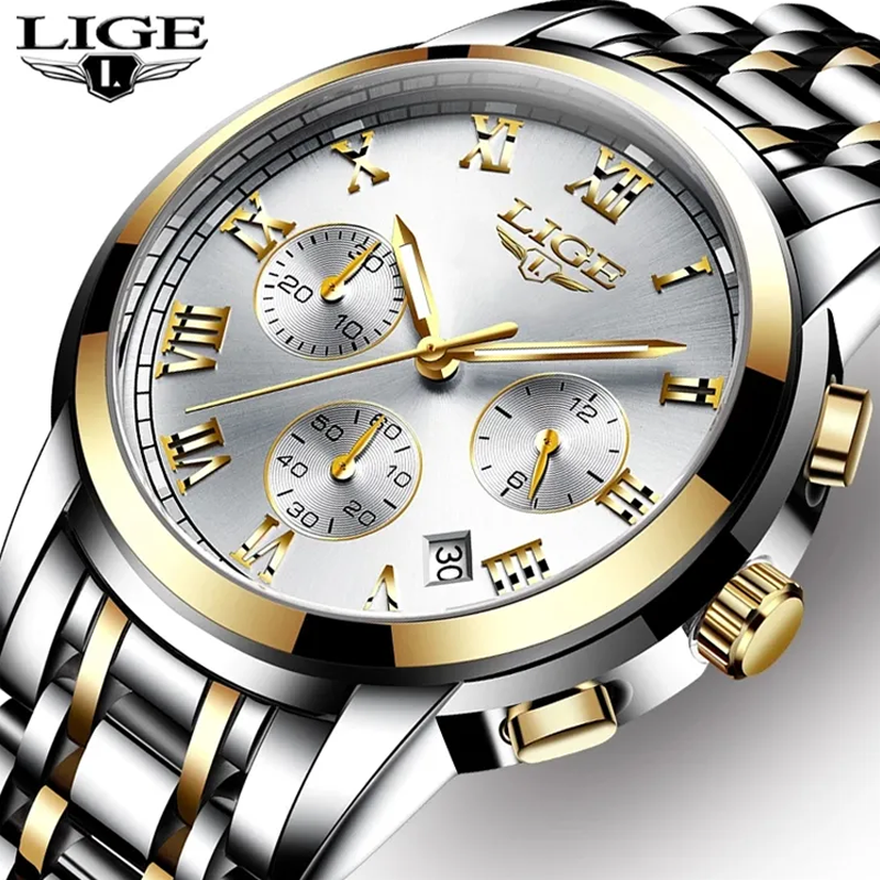 LIGE 9810 Stainless Quartz Watch Men Fashion Date Clock Chronograph Wristwatches